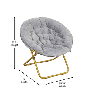 English Elm Gwen Oversize Portable Faux Fur Moon Chair Set with Folding Ottoman for Ultimate Comfort & Style Gray Fabric/Soft Gold Frame FV-FMC-025-FR-GY-SGD-GG