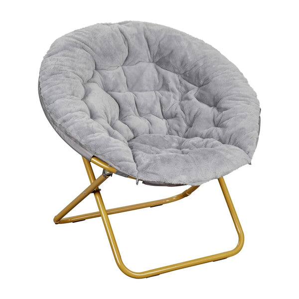 English Elm Gwen Oversize Portable Faux Fur Moon Chair Set with Folding Ottoman for Ultimate Comfort & Style Gray Fabric/Soft Gold Frame FV-FMC-025-FR-GY-SGD-GG
