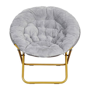 English Elm Gwen Oversize Portable Faux Fur Moon Chair Set with Folding Ottoman for Ultimate Comfort & Style Gray Fabric/Soft Gold Frame FV-FMC-025-FR-GY-SGD-GG