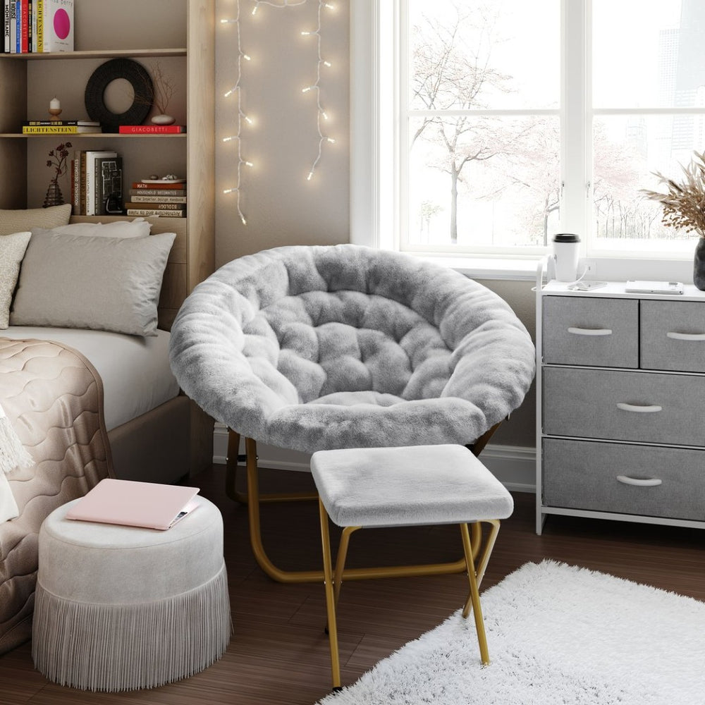English Elm Gwen Oversize Portable Faux Fur Moon Chair Set with Folding Ottoman for Ultimate Comfort & Style Gray Fabric/Soft Gold Frame FV-FMC-025-FR-GY-SGD-GG