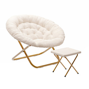 English Elm Gwen Oversize Portable Faux Fur Moon Chair Set with Folding Ottoman for Ultimate Comfort & Style Ivory Faux Shearling Fabric/Soft Gold Frame FV-FMC-025-FR-IV-SGD-GG