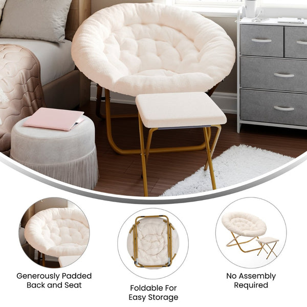 English Elm Gwen Oversize Portable Faux Fur Moon Chair Set with Folding Ottoman for Ultimate Comfort & Style Ivory Faux Shearling Fabric/Soft Gold Frame FV-FMC-025-FR-IV-SGD-GG