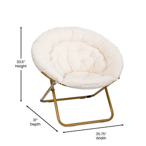 English Elm Gwen Oversize Portable Faux Fur Moon Chair Set with Folding Ottoman for Ultimate Comfort & Style Ivory Faux Shearling Fabric/Soft Gold Frame FV-FMC-025-FR-IV-SGD-GG