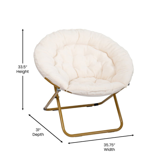 English Elm Gwen Oversize Portable Faux Fur Moon Chair Set with Folding Ottoman for Ultimate Comfort & Style Ivory Faux Shearling Fabric/Soft Gold Frame FV-FMC-025-FR-IV-SGD-GG