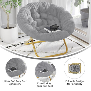 English Elm Gwen 38" Oversize Portable Faux Fur Saucer Chair for Cozy Lounging, Gaming, and Relaxing Anywhere Gray Faux Fur/Soft Gold Frame FV-FMC-025-GY-SGD-GG