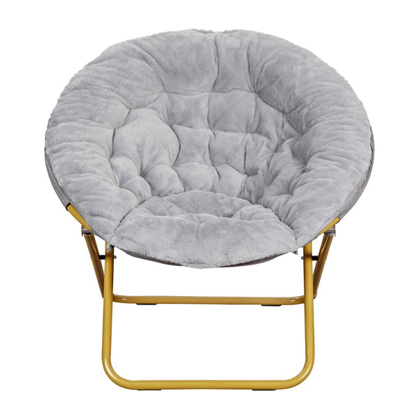 English Elm Gwen 38" Oversize Portable Faux Fur Saucer Chair for Cozy Lounging, Gaming, and Relaxing Anywhere Gray Faux Fur/Soft Gold Frame FV-FMC-025-GY-SGD-GG