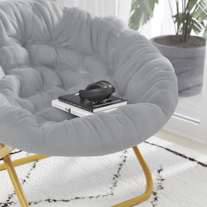 English Elm Gwen 38" Oversize Portable Faux Fur Saucer Chair for Cozy Lounging, Gaming, and Relaxing Anywhere Gray Faux Fur/Soft Gold Frame FV-FMC-025-GY-SGD-GG