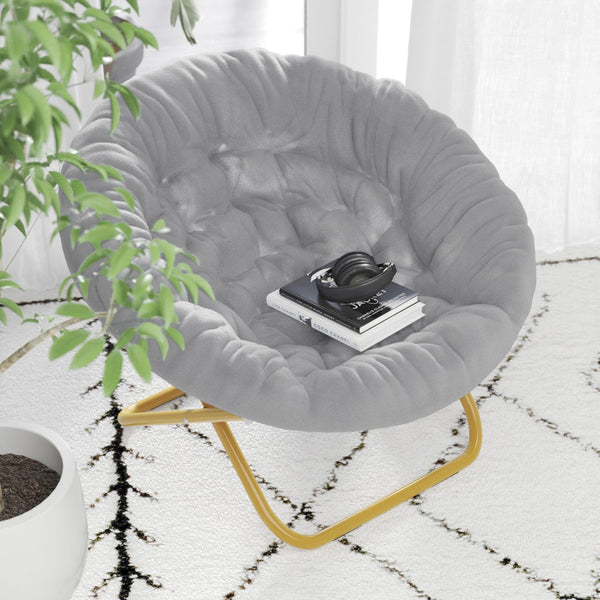 English Elm Gwen 38" Oversize Portable Faux Fur Saucer Chair for Cozy Lounging, Gaming, and Relaxing Anywhere Gray Faux Fur/Soft Gold Frame FV-FMC-025-GY-SGD-GG