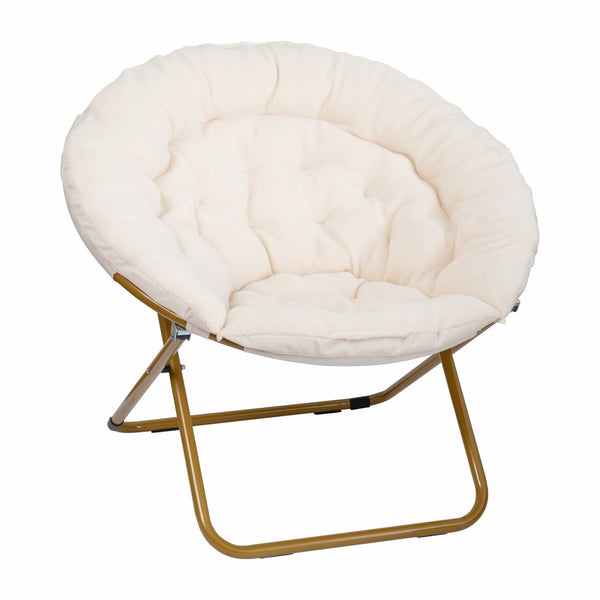 English Elm Gwen 38" Oversize Portable Faux Fur Saucer Chair for Cozy Lounging, Gaming, and Relaxing Anywhere Ivory Sherpa/Soft Gold Frame FV-FMC-025-IV-SGD-GG
