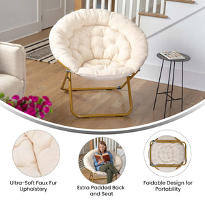 English Elm Gwen 38" Oversize Portable Faux Fur Saucer Chair for Cozy Lounging, Gaming, and Relaxing Anywhere Ivory Sherpa/Soft Gold Frame FV-FMC-025-IV-SGD-GG