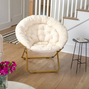 English Elm Gwen 38" Oversize Portable Faux Fur Saucer Chair for Cozy Lounging, Gaming, and Relaxing Anywhere Ivory Sherpa/Soft Gold Frame FV-FMC-025-IV-SGD-GG