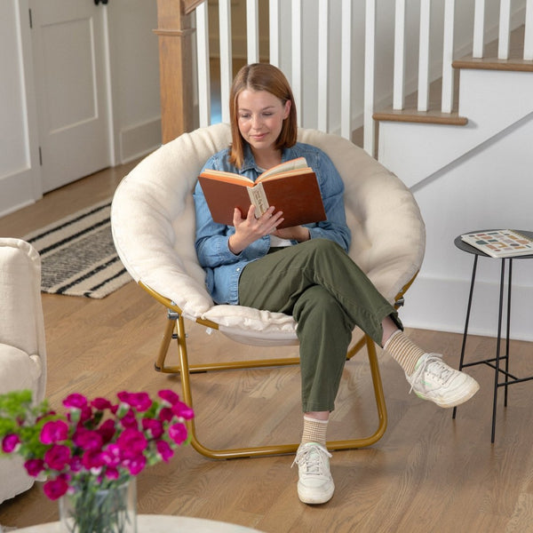 English Elm Gwen 38" Oversize Portable Faux Fur Saucer Chair for Cozy Lounging, Gaming, and Relaxing Anywhere Ivory Sherpa/Soft Gold Frame FV-FMC-025-IV-SGD-GG