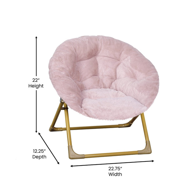 English Elm Gwen 23" Kids Cozy Mini Folding Saucer Chair - Plush Upholstery for Safe, Stylish Relaxation Space Blush Faux Fur/Soft Gold Frame FV-FMC-030-BL-SGD-GG