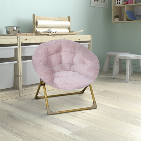 English Elm Gwen 23" Kids Cozy Mini Folding Saucer Chair - Plush Upholstery for Safe, Stylish Relaxation Space Blush Faux Fur/Soft Gold Frame FV-FMC-030-BL-SGD-GG