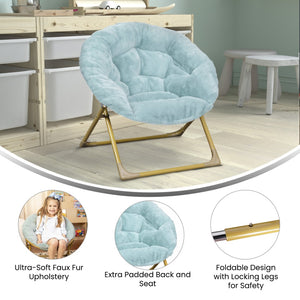 English Elm Gwen 23" Kids Cozy Mini Folding Saucer Chair - Plush Upholstery for Safe, Stylish Relaxation Space Dusty Aqua Faux Fur/Soft Gold Frame FV-FMC-030-DTAQ-SGD-GG