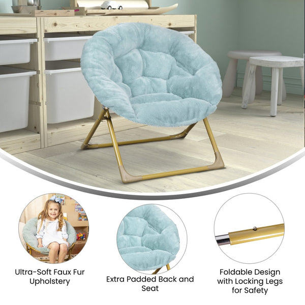 English Elm Gwen 23" Kids Cozy Mini Folding Saucer Chair - Plush Upholstery for Safe, Stylish Relaxation Space Dusty Aqua Faux Fur/Soft Gold Frame FV-FMC-030-DTAQ-SGD-GG