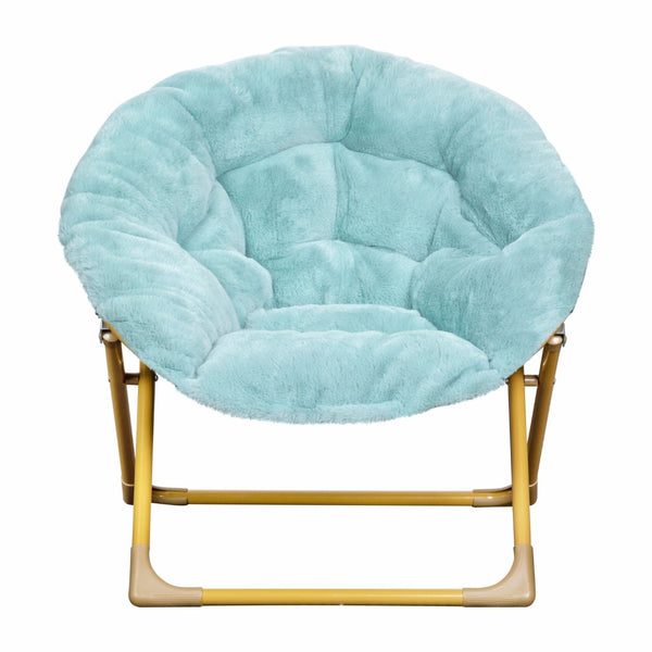 English Elm Gwen 23" Kids Cozy Mini Folding Saucer Chair - Plush Upholstery for Safe, Stylish Relaxation Space Dusty Aqua Faux Fur/Soft Gold Frame FV-FMC-030-DTAQ-SGD-GG