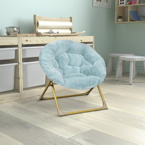 English Elm Gwen 23" Kids Cozy Mini Folding Saucer Chair - Plush Upholstery for Safe, Stylish Relaxation Space Dusty Aqua Faux Fur/Soft Gold Frame FV-FMC-030-DTAQ-SGD-GG
