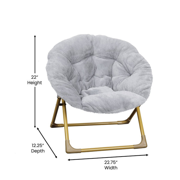 English Elm Gwen 23" Kids Cozy Mini Folding Saucer Chair - Plush Upholstery for Safe, Stylish Relaxation Space Gray Faux Fur/Soft Gold Frame FV-FMC-030-GY-SGD-GG
