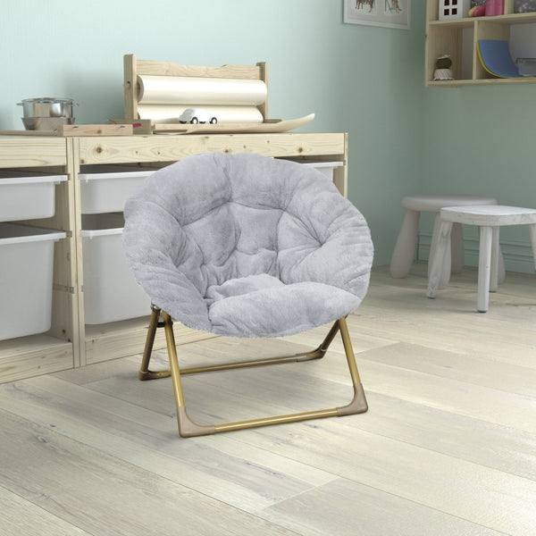 English Elm Gwen 23" Kids Cozy Mini Folding Saucer Chair - Plush Upholstery for Safe, Stylish Relaxation Space Gray Faux Fur/Soft Gold Frame FV-FMC-030-GY-SGD-GG