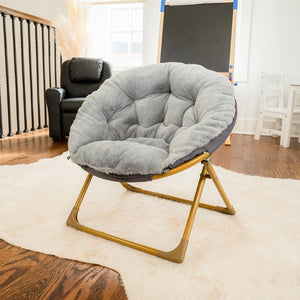 English Elm Gwen 23" Kids Cozy Mini Folding Saucer Chair - Plush Upholstery for Safe, Stylish Relaxation Space Gray Faux Fur/Soft Gold Frame FV-FMC-030-GY-SGD-GG