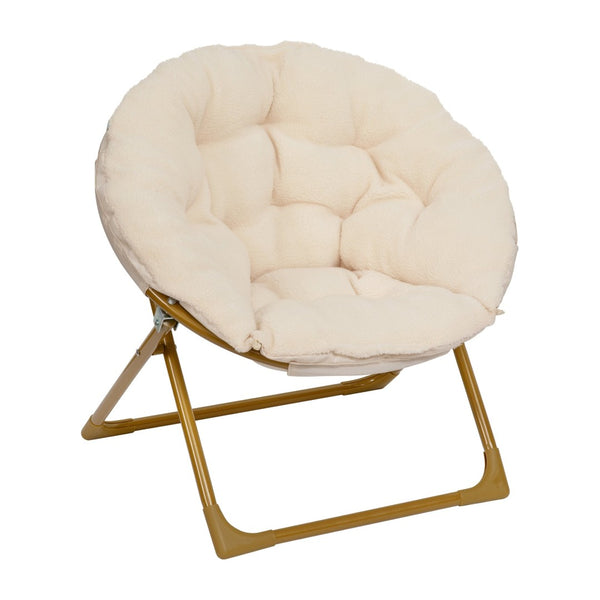 English Elm Gwen 23" Kids Cozy Mini Folding Saucer Chair - Plush Upholstery for Safe, Stylish Relaxation Space Ivory Faux Fur/Soft Gold Frame FV-FMC-030-IV-SGD-GG