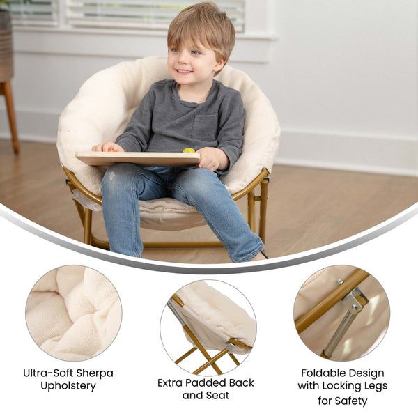 English Elm Gwen 23" Kids Cozy Mini Folding Saucer Chair - Plush Upholstery for Safe, Stylish Relaxation Space Ivory Faux Fur/Soft Gold Frame FV-FMC-030-IV-SGD-GG