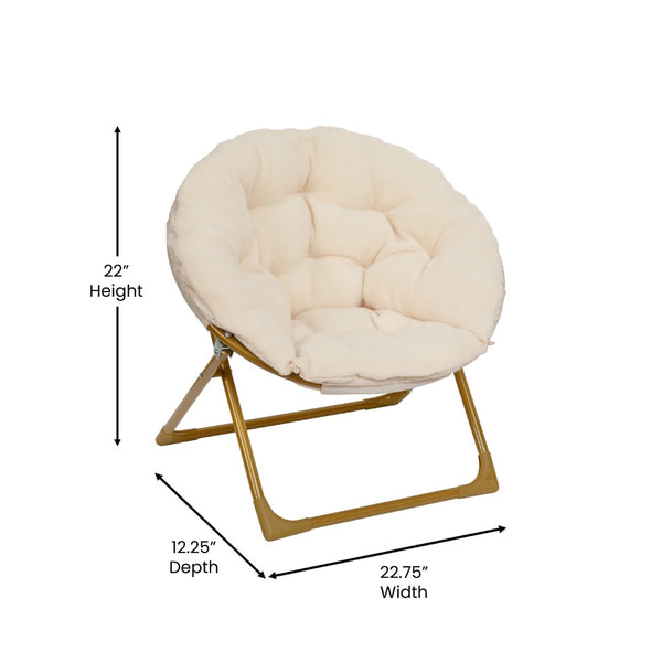 English Elm Gwen 23" Kids Cozy Mini Folding Saucer Chair - Plush Upholstery for Safe, Stylish Relaxation Space Ivory Faux Fur/Soft Gold Frame FV-FMC-030-IV-SGD-GG