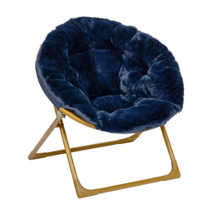 English Elm Gwen 23" Kids Cozy Mini Folding Saucer Chair - Plush Upholstery for Safe, Stylish Relaxation Space Navy Faux Fur/Soft Gold Frame FV-FMC-030-NV-SGD-GG