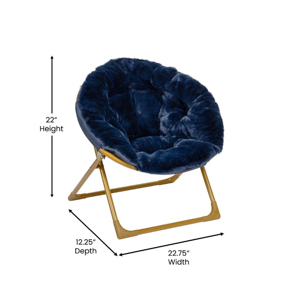 English Elm Gwen 23" Kids Cozy Mini Folding Saucer Chair - Plush Upholstery for Safe, Stylish Relaxation Space Navy Faux Fur/Soft Gold Frame FV-FMC-030-NV-SGD-GG