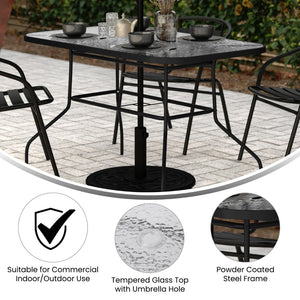 English Elm Tory Commercial Grade Rectangular Patio Table with Tempered Glass Top for Outdoor Dining & Gatherings Clear Top/Black Frame 27.5"W x 47.25"L FV-FRB7-120-7W-BLK-GG