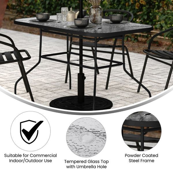English Elm Tory Commercial Grade Rectangular Patio Table with Tempered Glass Top for Outdoor Dining & Gatherings Clear Top/Black Frame 27.5"W x 47.25"L FV-FRB7-120-7W-BLK-GG