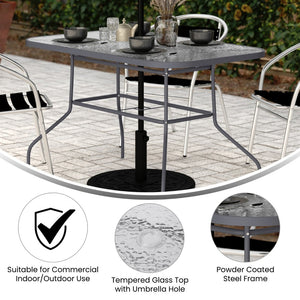 English Elm Tory Commercial Grade Rectangular Patio Table with Tempered Glass Top for Outdoor Dining & Gatherings Clear Top/Silver Frame 27.5"W x 47.25"L FV-FRB7-120-7W-SV-GG