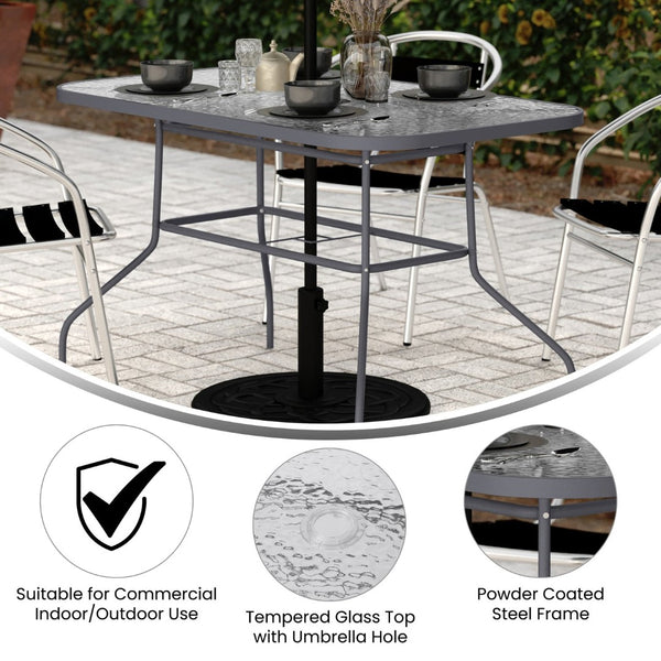 English Elm Tory Commercial Grade Rectangular Patio Table with Tempered Glass Top for Outdoor Dining & Gatherings Clear Top/Silver Frame 27.5"W x 47.25"L FV-FRB7-120-7W-SV-GG
