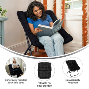 English Elm Archer 28" Oversized Faux Fur Saucer Chair - Stylish, Portable Comfort for Dorms and Living Spaces Black Fabric/Black Frame FV-FSC-027-BK-BK-GG