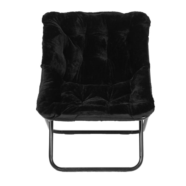 English Elm Archer 28" Oversized Faux Fur Saucer Chair - Stylish, Portable Comfort for Dorms and Living Spaces Black Fabric/Black Frame FV-FSC-027-BK-BK-GG