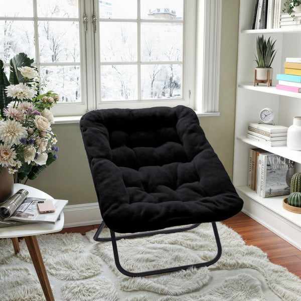 English Elm Archer 28" Oversized Faux Fur Saucer Chair - Stylish, Portable Comfort for Dorms and Living Spaces Black Fabric/Black Frame FV-FSC-027-BK-BK-GG