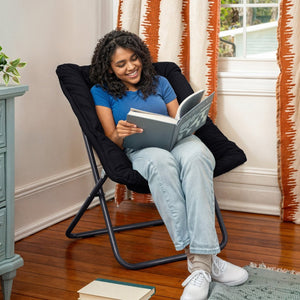 English Elm Archer 28" Oversized Faux Fur Saucer Chair - Stylish, Portable Comfort for Dorms and Living Spaces Black Fabric/Black Frame FV-FSC-027-BK-BK-GG