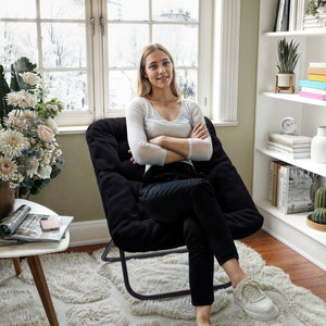 English Elm Archer 28" Oversized Faux Fur Saucer Chair - Stylish, Portable Comfort for Dorms and Living Spaces Black Fabric/Black Frame FV-FSC-027-BK-BK-GG