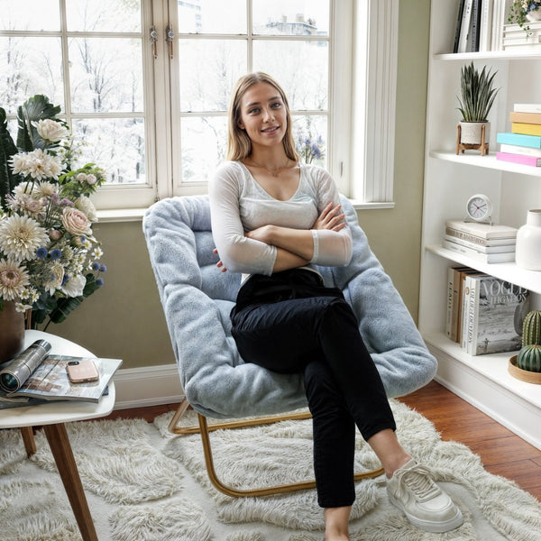 English Elm Archer 28" Oversized Faux Fur Saucer Chair - Stylish, Portable Comfort for Dorms and Living Spaces Aqua Fabric/Soft Gold Frame FV-FSC-027-DTAQ-SGD-GG