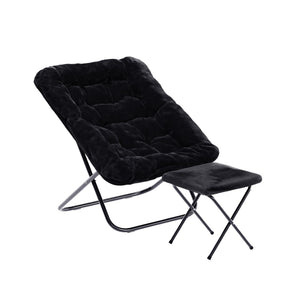 English Elm Archer Oversized Folding Saucer Chair with Ottoman - Plush Faux Fur Comfort for Home & Dorm Use Black Fabric/Black Frame FV-FSC-027-FR-BK-BK-GG