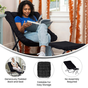 English Elm Archer Oversized Folding Saucer Chair with Ottoman - Plush Faux Fur Comfort for Home & Dorm Use Black Fabric/Black Frame FV-FSC-027-FR-BK-BK-GG