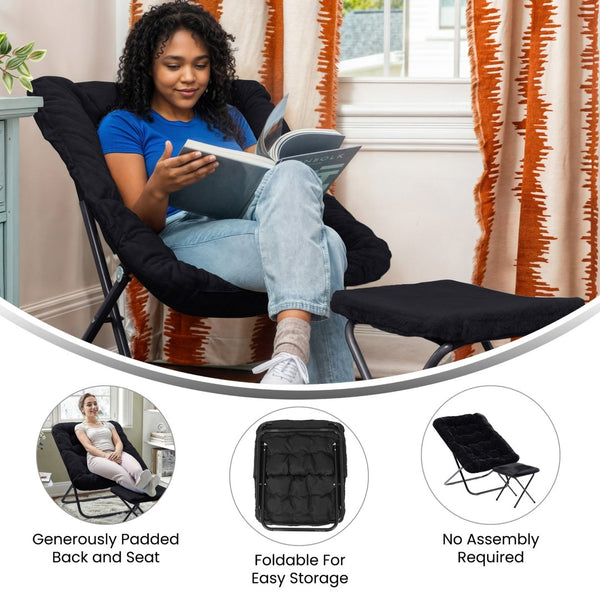 English Elm Archer Oversized Folding Saucer Chair with Ottoman - Plush Faux Fur Comfort for Home & Dorm Use Black Fabric/Black Frame FV-FSC-027-FR-BK-BK-GG