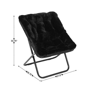 English Elm Archer Oversized Folding Saucer Chair with Ottoman - Plush Faux Fur Comfort for Home & Dorm Use Black Fabric/Black Frame FV-FSC-027-FR-BK-BK-GG