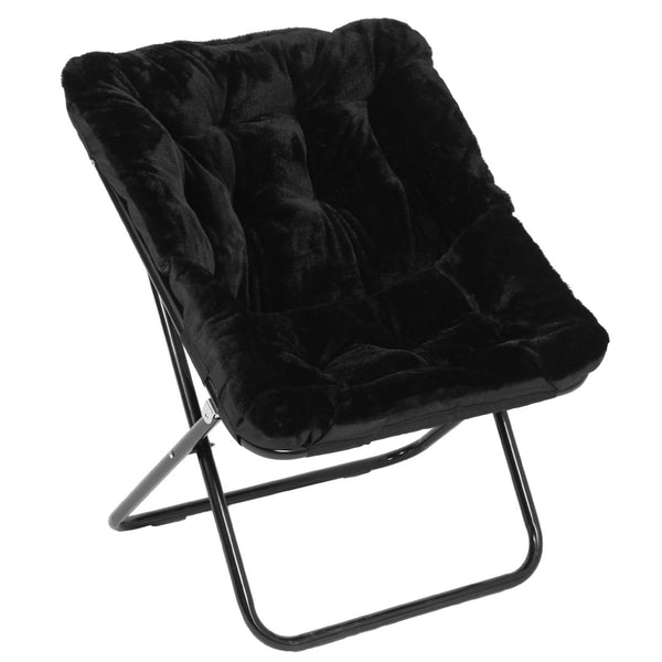 English Elm Archer Oversized Folding Saucer Chair with Ottoman - Plush Faux Fur Comfort for Home & Dorm Use Black Fabric/Black Frame FV-FSC-027-FR-BK-BK-GG