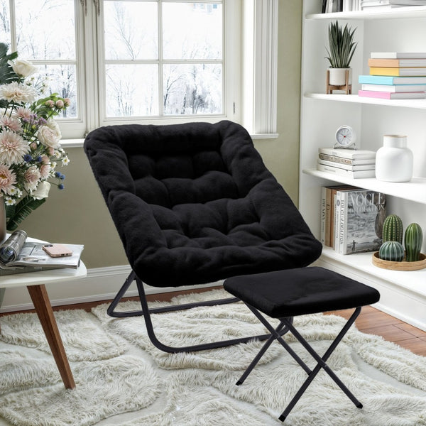 English Elm Archer Oversized Folding Saucer Chair with Ottoman - Plush Faux Fur Comfort for Home & Dorm Use Black Fabric/Black Frame FV-FSC-027-FR-BK-BK-GG