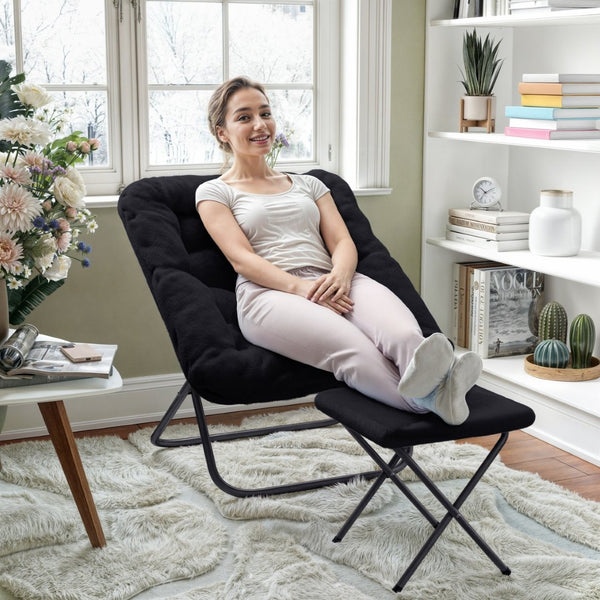 English Elm Archer Oversized Folding Saucer Chair with Ottoman - Plush Faux Fur Comfort for Home & Dorm Use Black Fabric/Black Frame FV-FSC-027-FR-BK-BK-GG