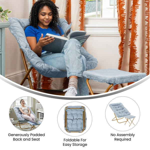 English Elm Archer Oversized Folding Saucer Chair with Ottoman - Plush Faux Fur Comfort for Home & Dorm Use Aqua Fabric/Soft Gold Frame FV-FSC-027-FR-DTAQ-SGD-GG