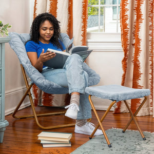 English Elm Archer Oversized Folding Saucer Chair with Ottoman - Plush Faux Fur Comfort for Home & Dorm Use Aqua Fabric/Soft Gold Frame FV-FSC-027-FR-DTAQ-SGD-GG