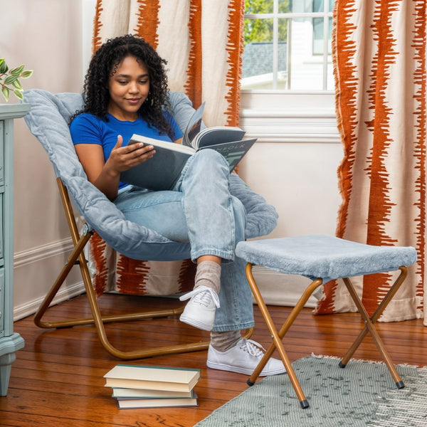 English Elm Archer Oversized Folding Saucer Chair with Ottoman - Plush Faux Fur Comfort for Home & Dorm Use Aqua Fabric/Soft Gold Frame FV-FSC-027-FR-DTAQ-SGD-GG